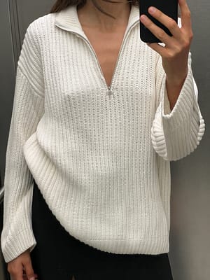 Offwhite Reißverschluss vorne Strickpullover