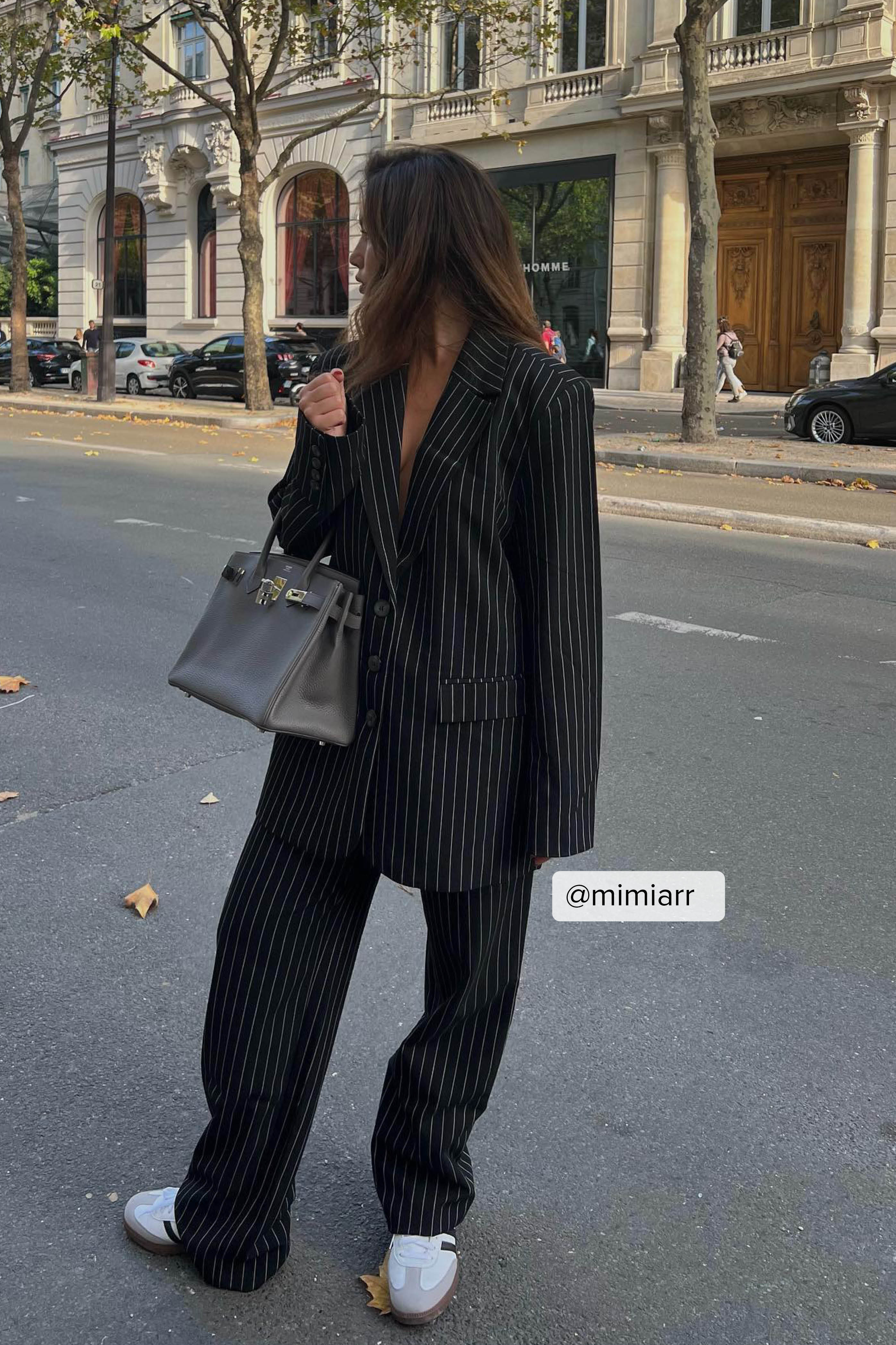 Women's White Dress Shirt, Navy and White Vertical Striped Pajama Pants,  Black Leather Heeled Sandals, Mustard Leather Crossbody Bag | Milan fashion  week street style, Fashion week street style, Summer work outfits