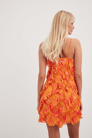 Orange Blurr Print Vestido mini com folhos