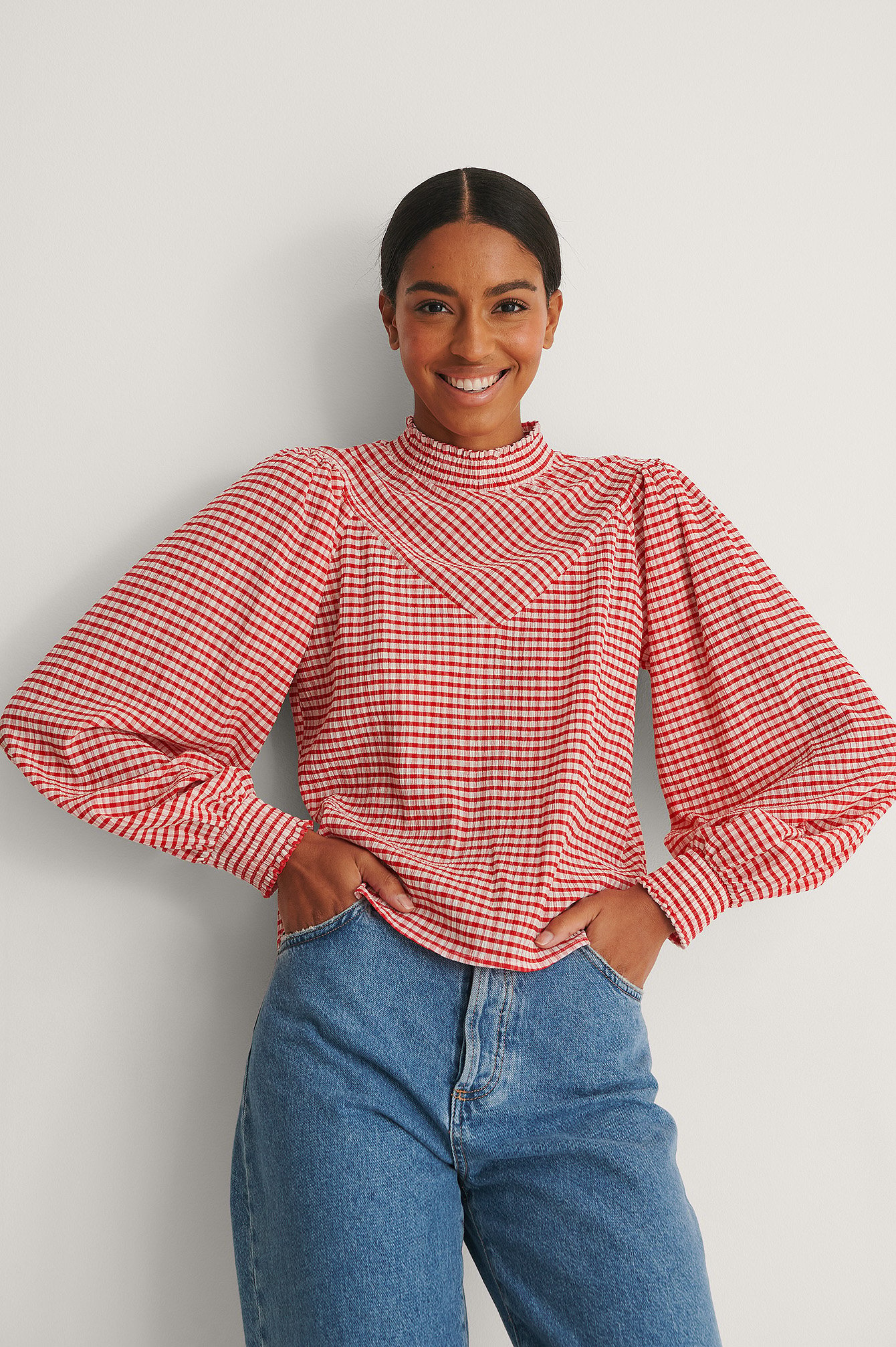 Check Smocked Blouse Checkered | NA-KD