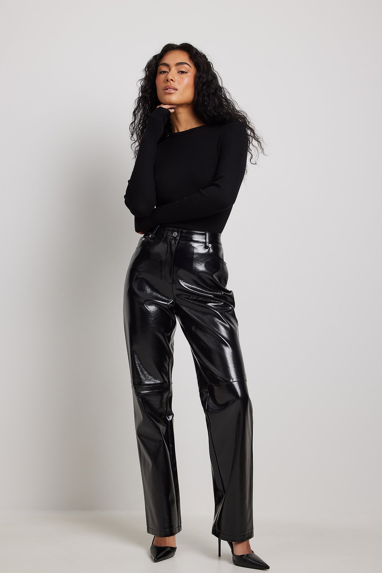 Black Straight Leg Waisted Faux Leather Trousers  PrettyLittleThing