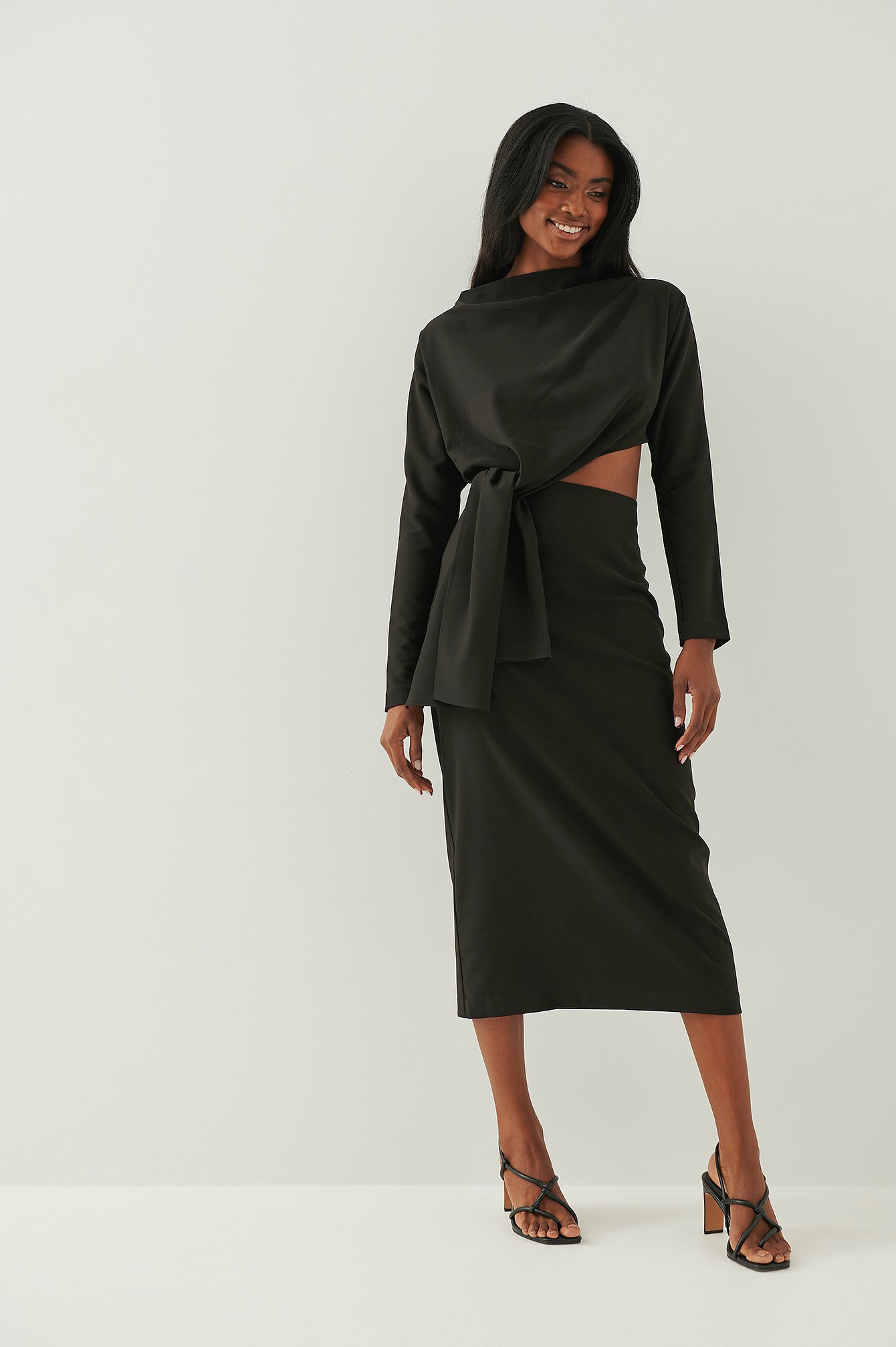 Black satin wrap outlet midi dress