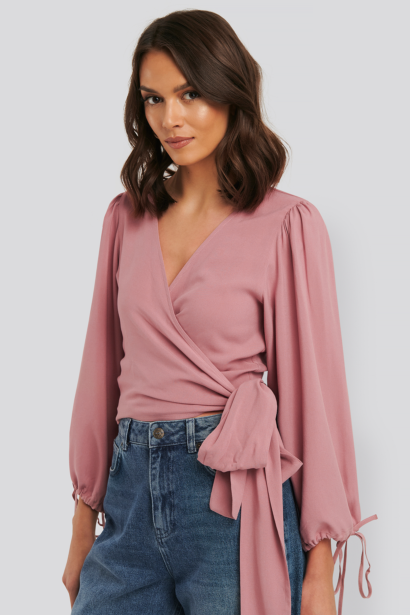 Drawstring Balloon Sleeve Wrap Blouse Pink | NA-KD