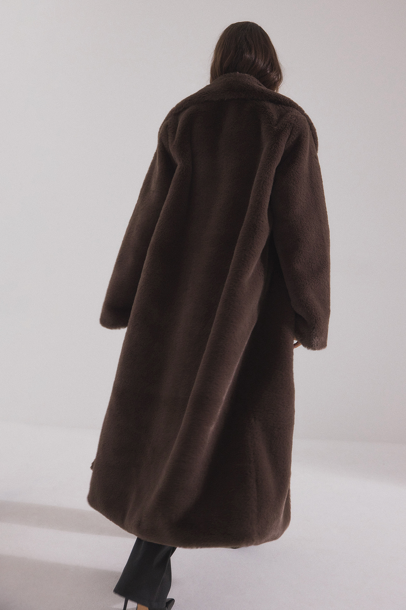 dark brown teddy faux fur long coat