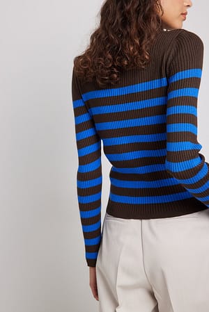 Brown/Blue Fine Knitted Striped Turtleneck Sweater