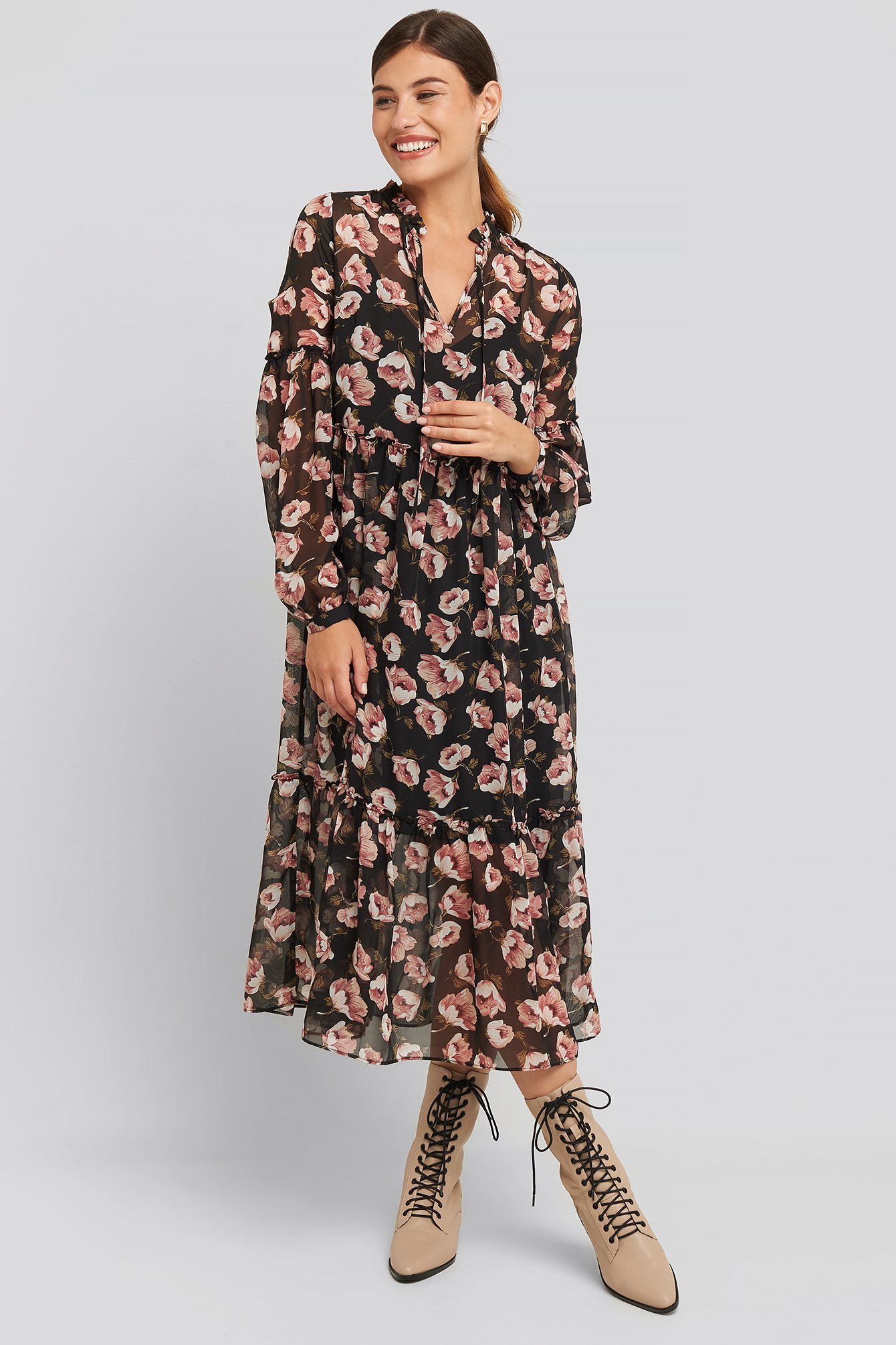 Flower Print Balloon Sleeve Dress Black | NA-KD