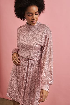 Dusty Pink Flowy Belted Sequin Dress
