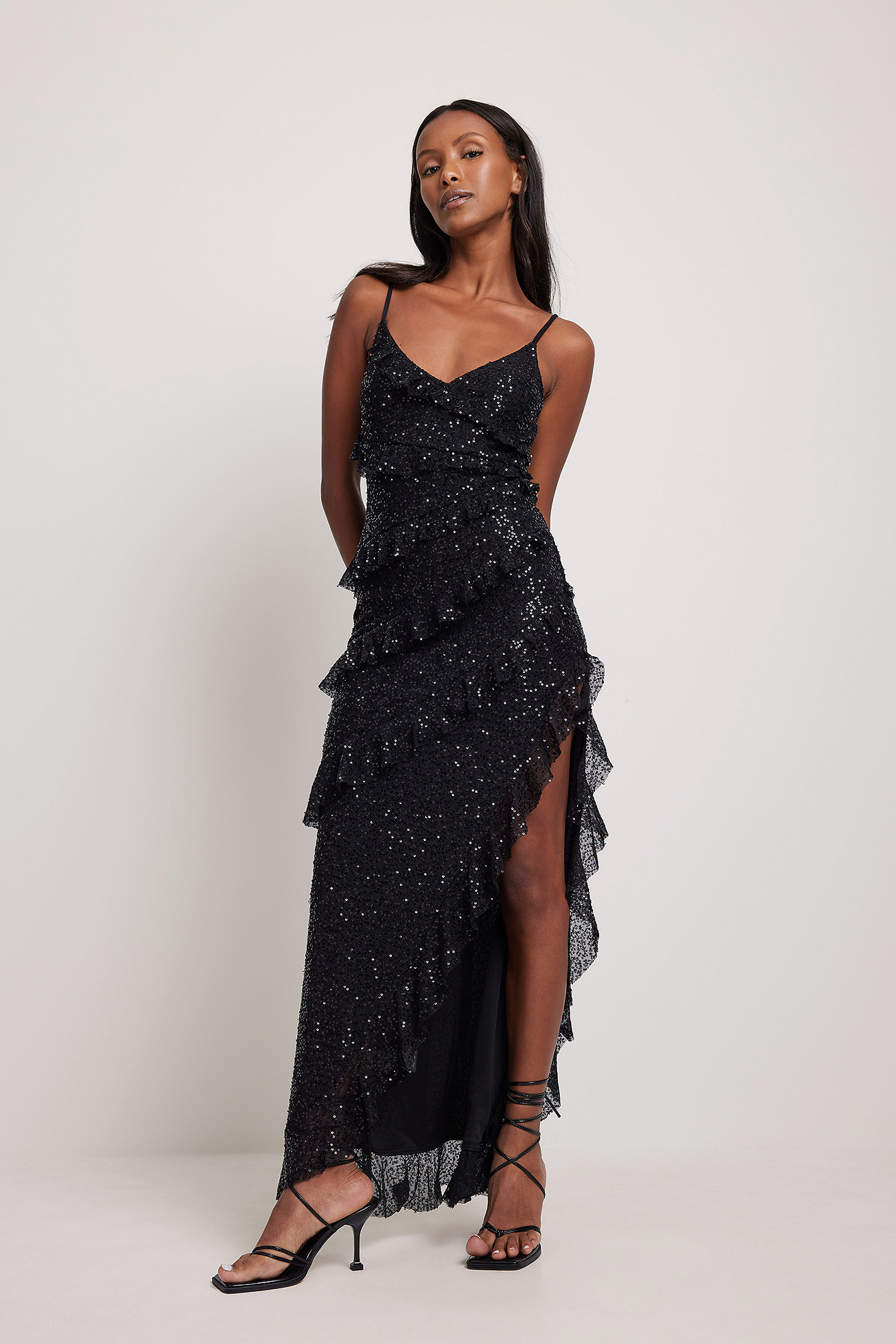 Frill Detail High Slit Sequin Maxi Dress Black NA KD