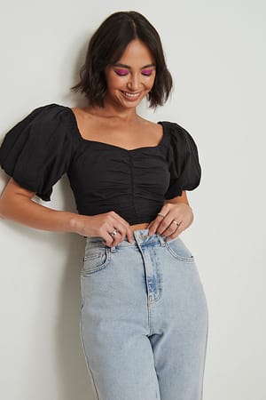 Gathered Front Puff Sleeve Cotton Top Black | NA-KD