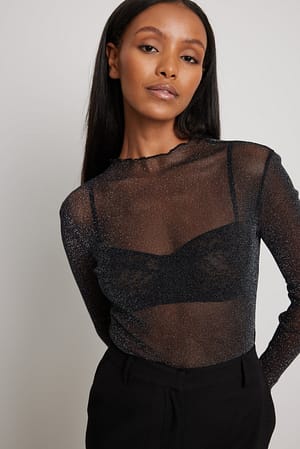 Stay Mesh Black Mesh Ruched Button-Up Long Sleeve Top