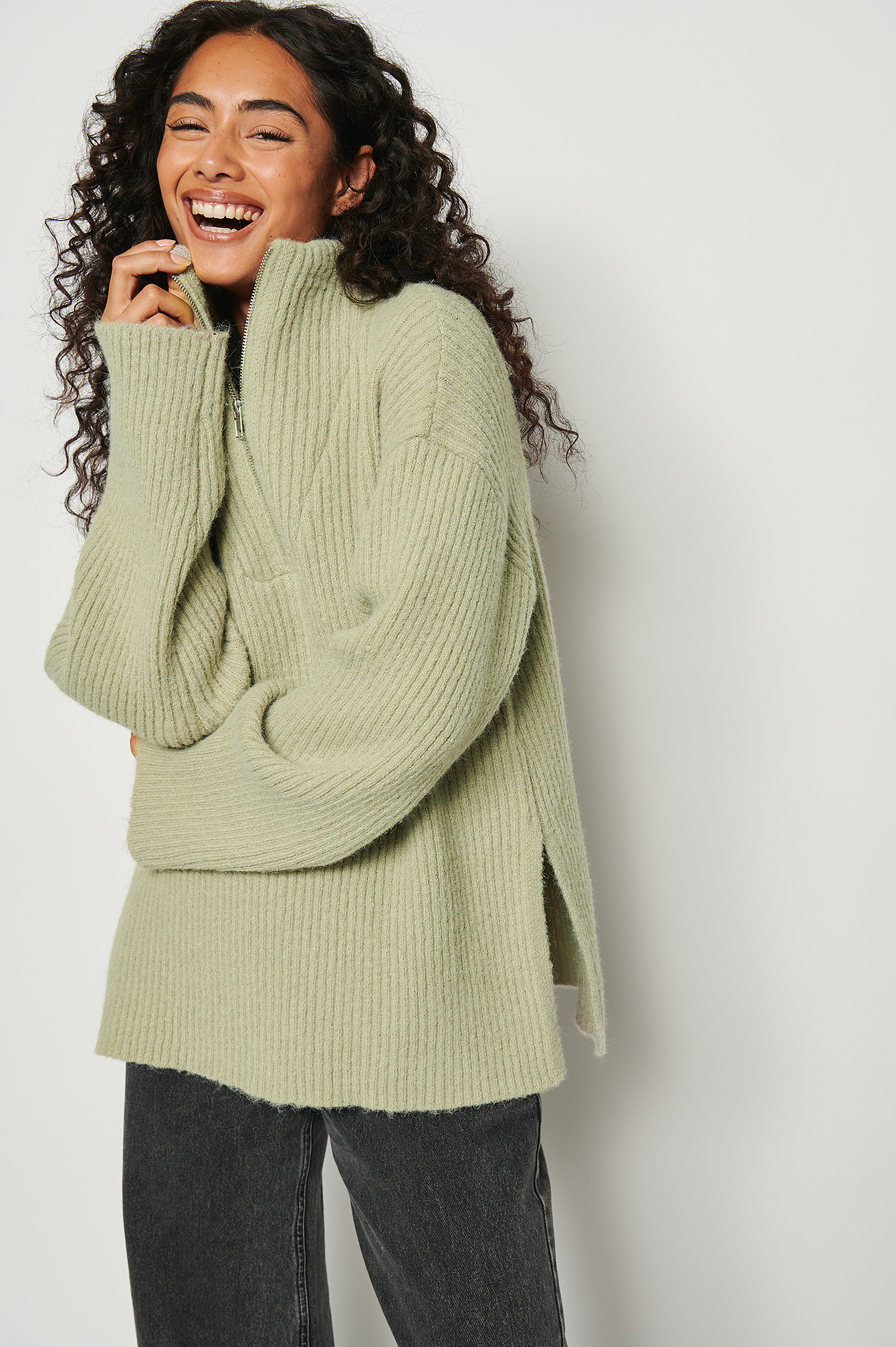 Half Zip Ribbed Knitted Sweater Green | NA-KD