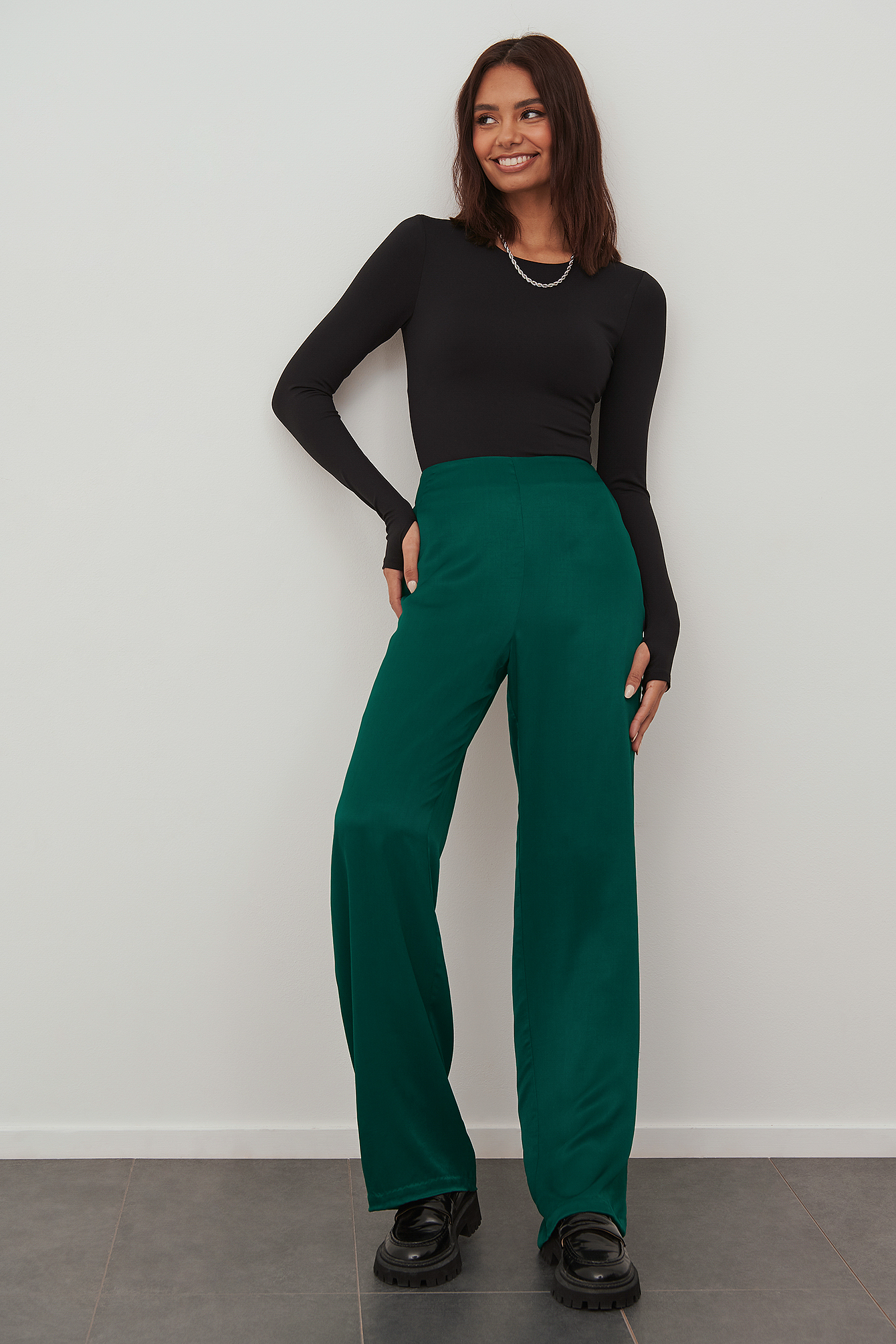 Boohoo Satin High Waisted Super Wide Leg Pants in Black  Lyst UK