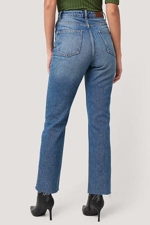 High Waist Raw Hem Straight Jeans Blue | NA-KD