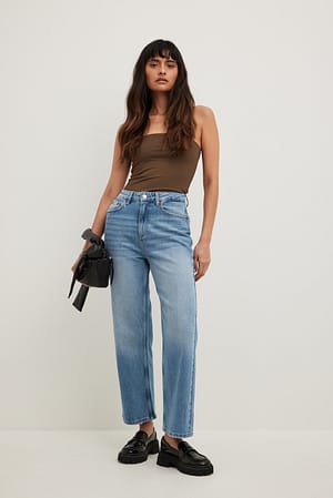 Straight High Waist Cropped Jeans Mid Blue