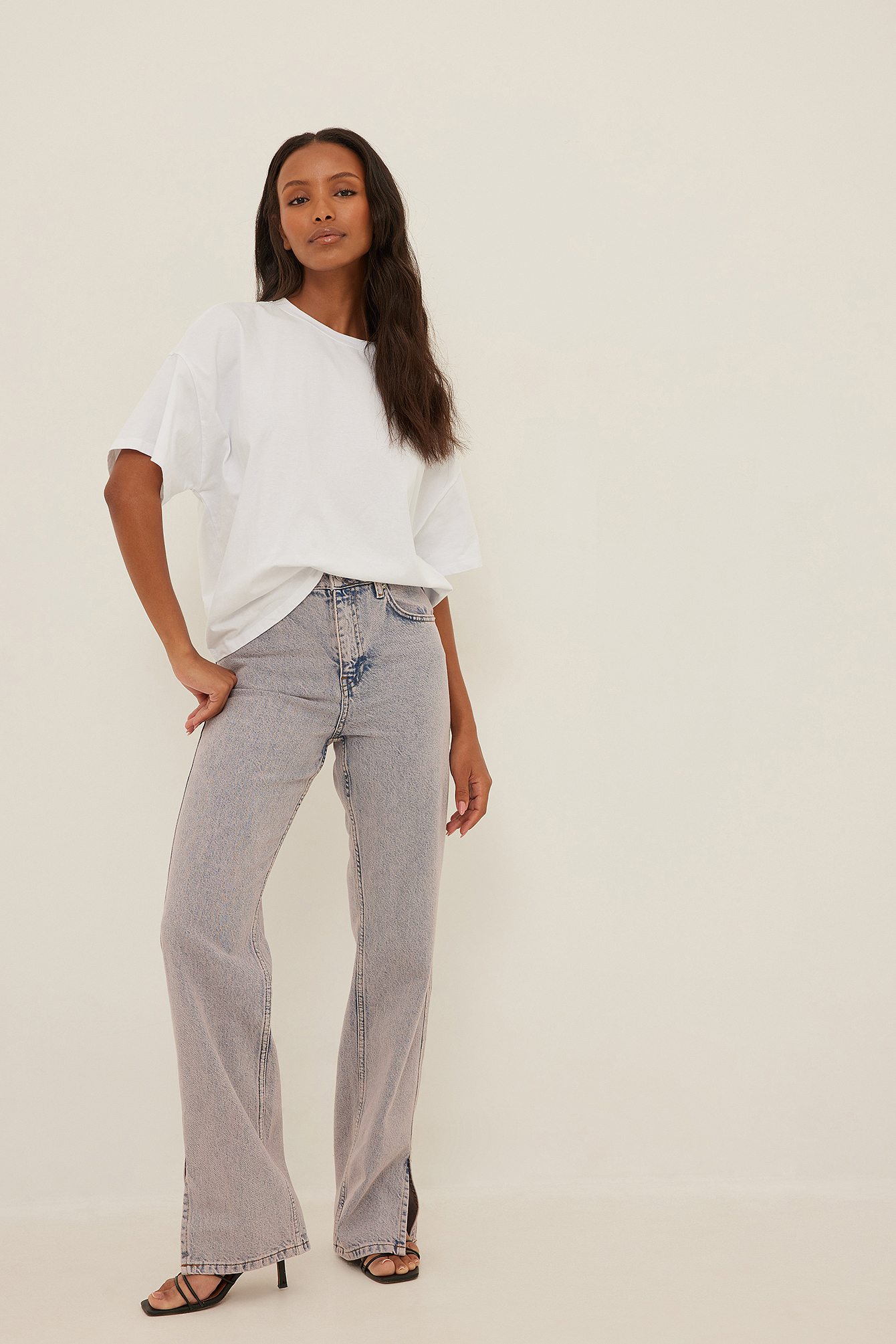 High Waist Straight Side Slit Jeans Blue | NA-KD