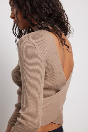 Taupe Knitted Back Cross Detail Sweater