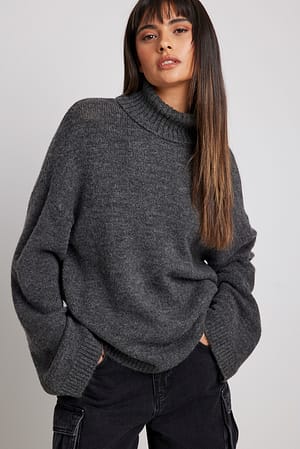 Dark Grey Melange Knitted High Neck Sweater