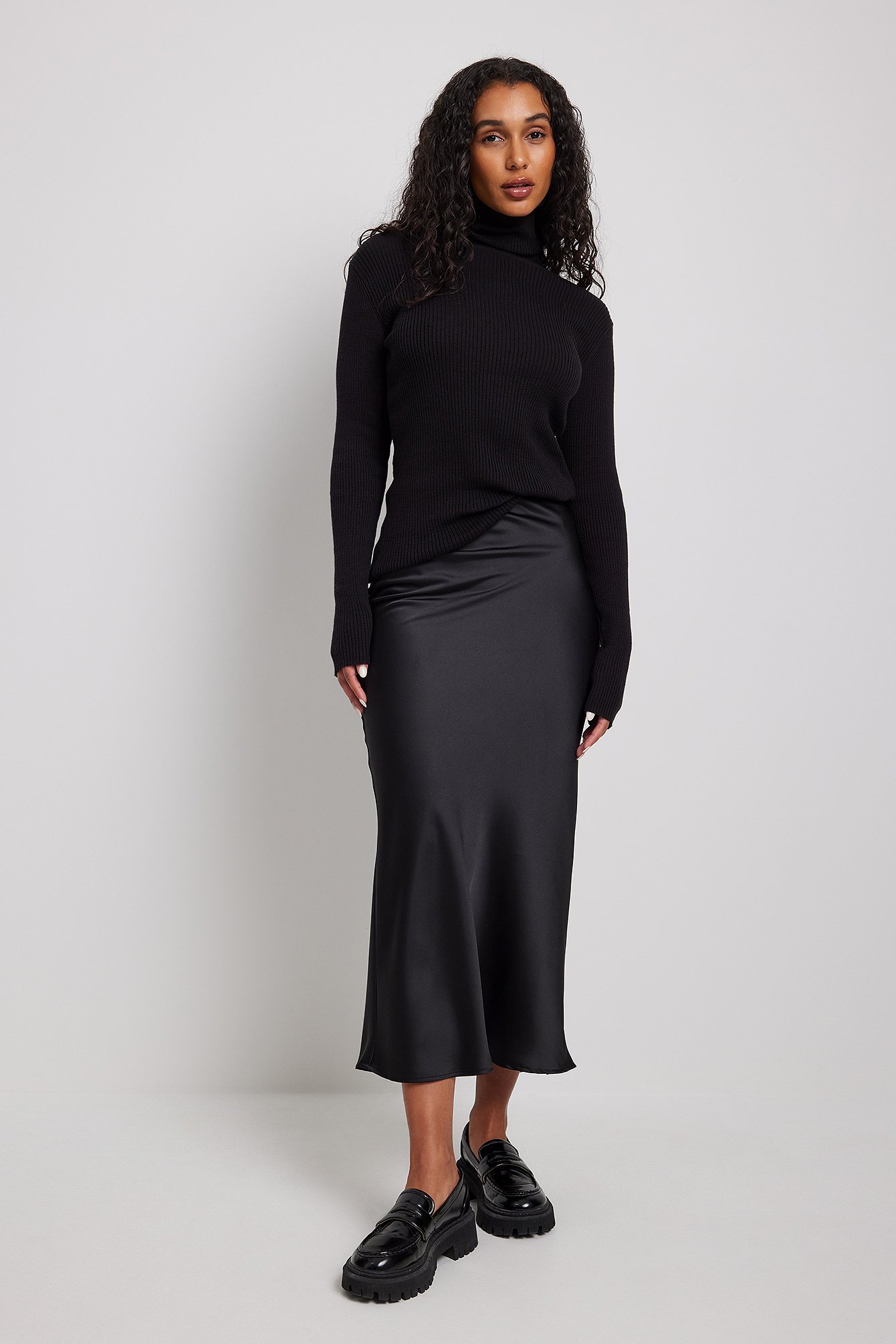 Black satin outlet midi skirt