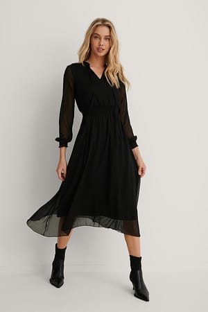 Black Mesh Detail Midi Dress