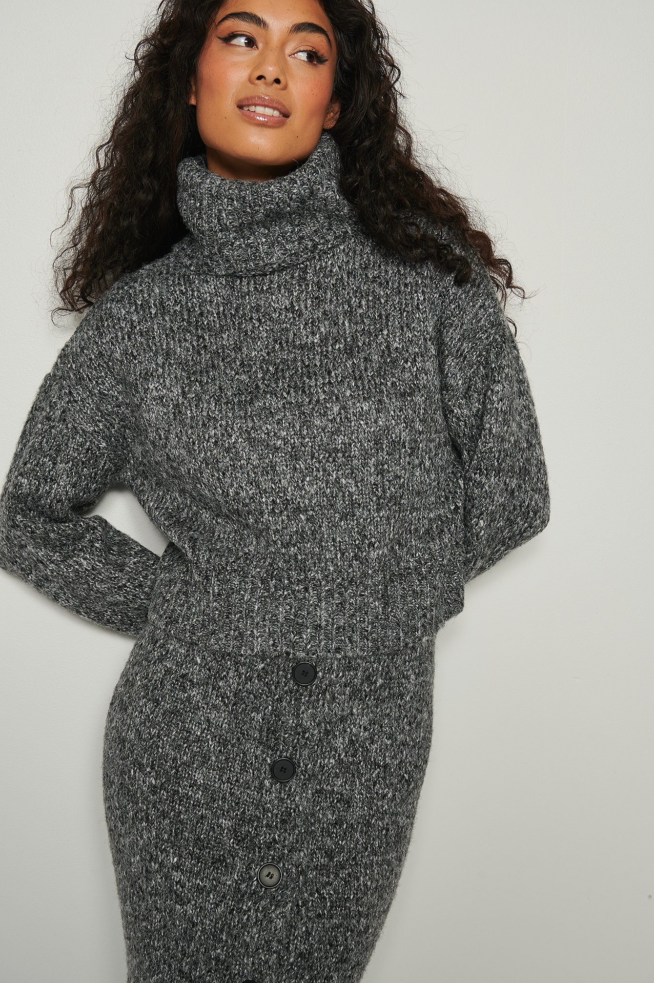 Knitted Melange High Neck Sweater Grey | NA-KD