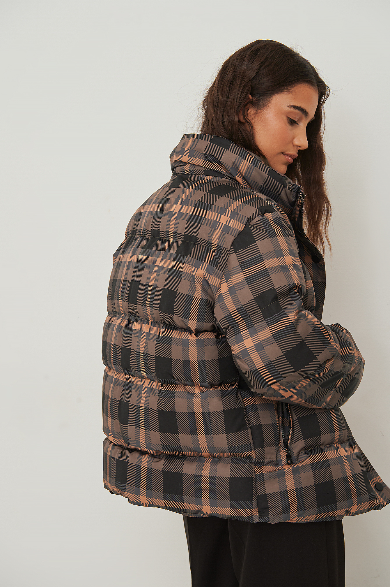 Checkered puffer outlet coat