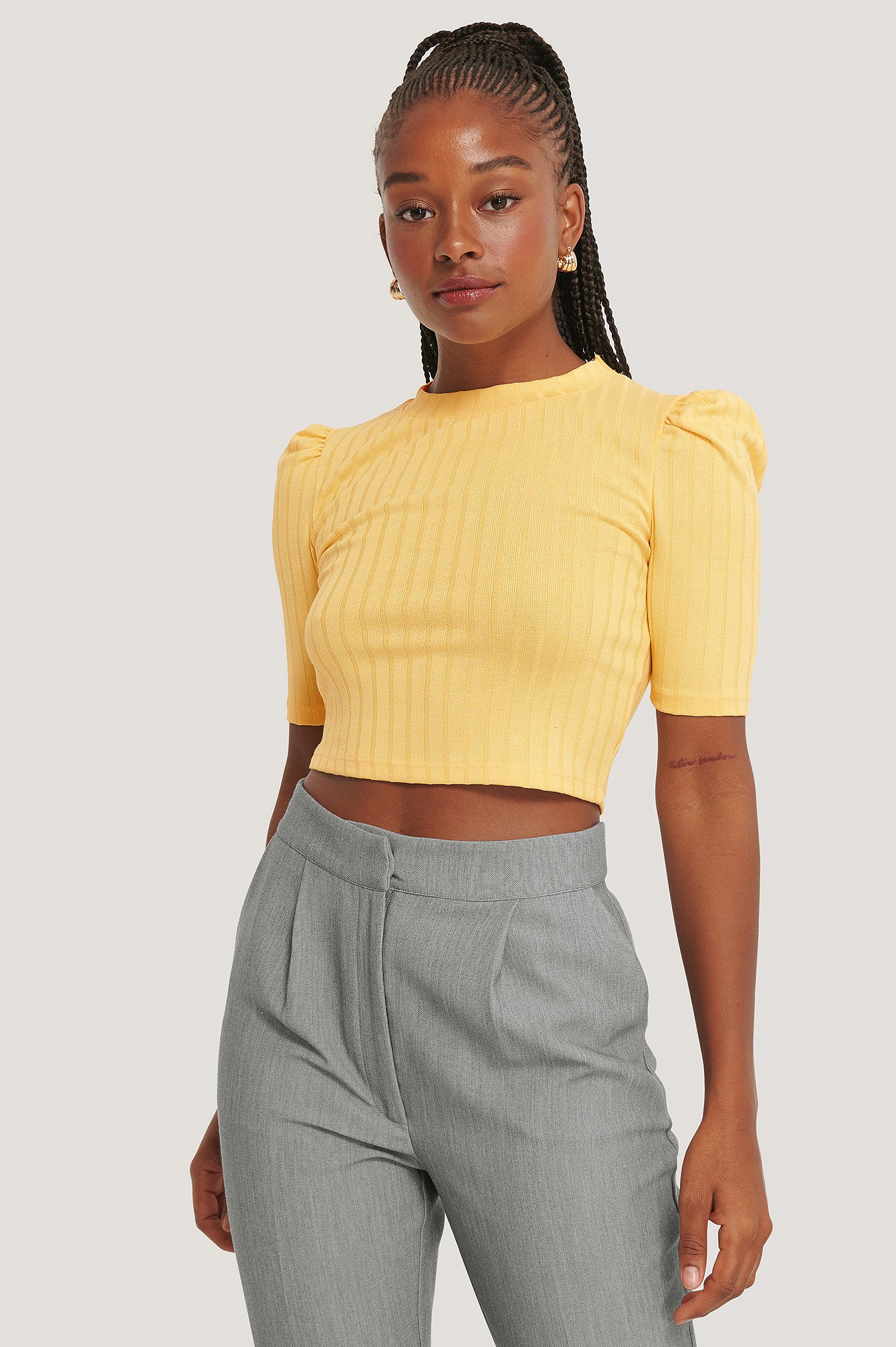 Puff Sleeve Cropped Ribbed Top Yellow | NA-KD