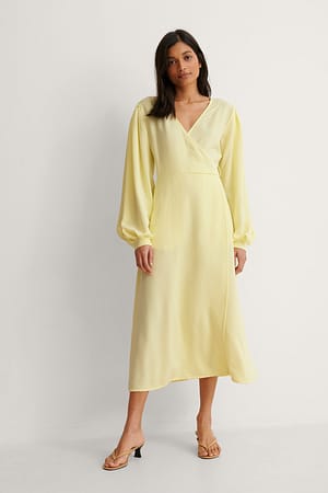 Yellow Puff Sleeve Overlap Dress