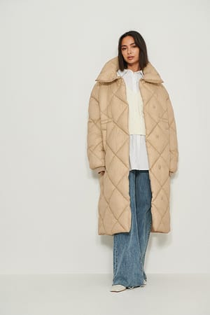 Beige Quilted Drawstring Padded Jacket