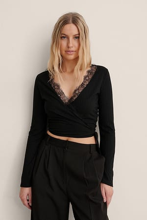 Recycled Wrap Lace Detail Top Black | NA-KD