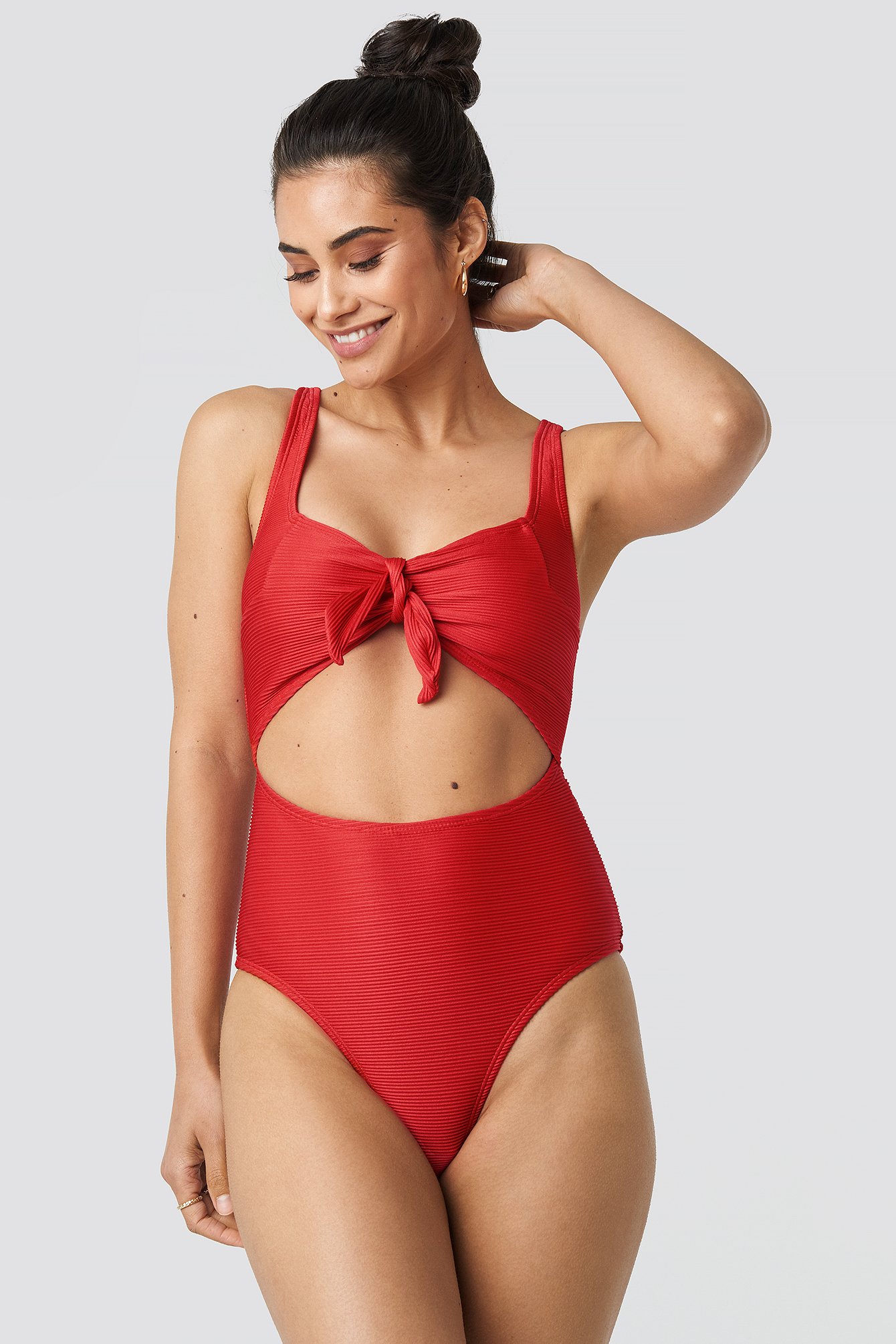 red ribbed bathing suit