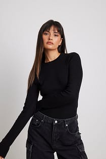 Ribbed Knitted Round Neck Sweater Black | NA-KD