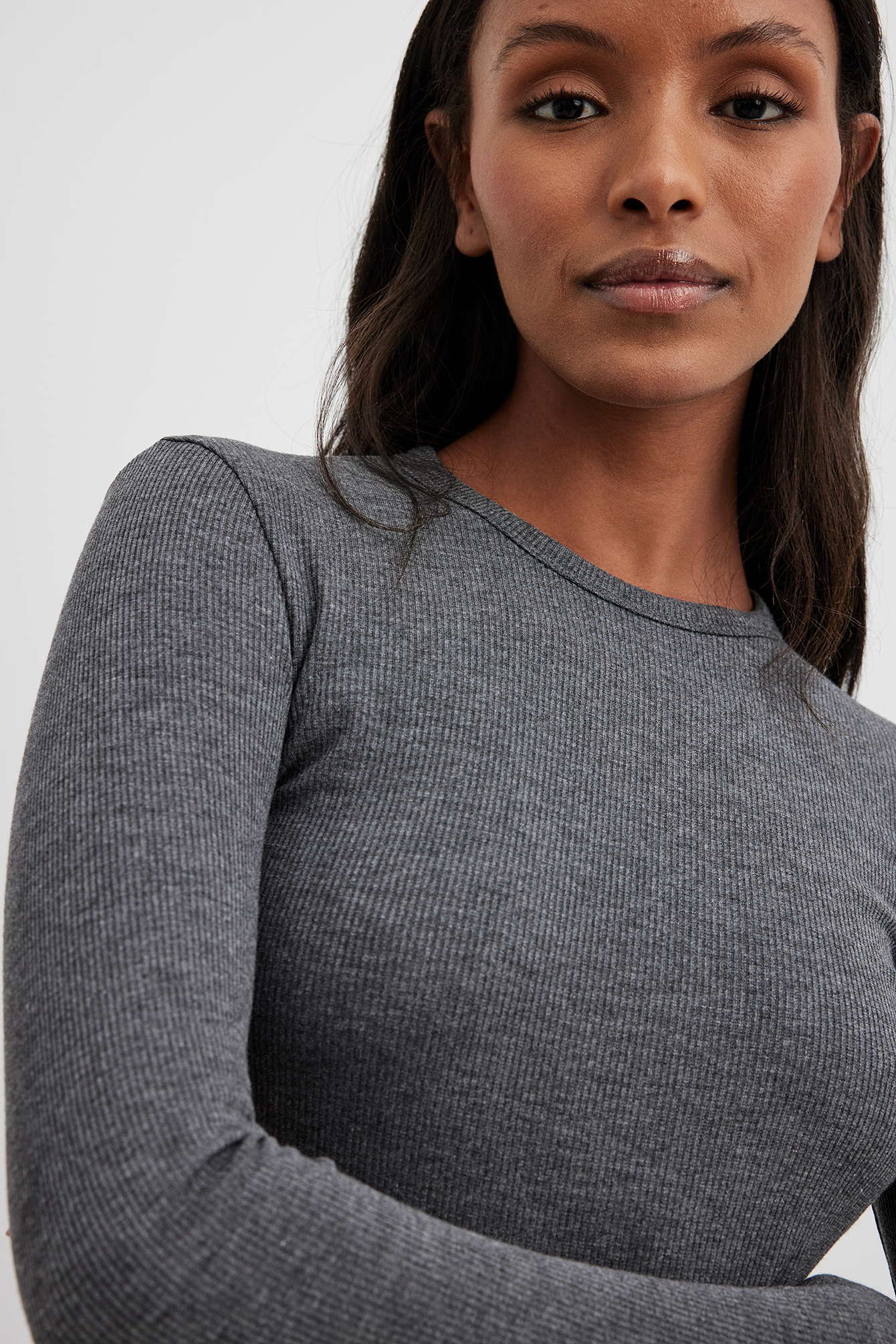 Ribbed Long Sleeved Round Neck Top Grey NA KD