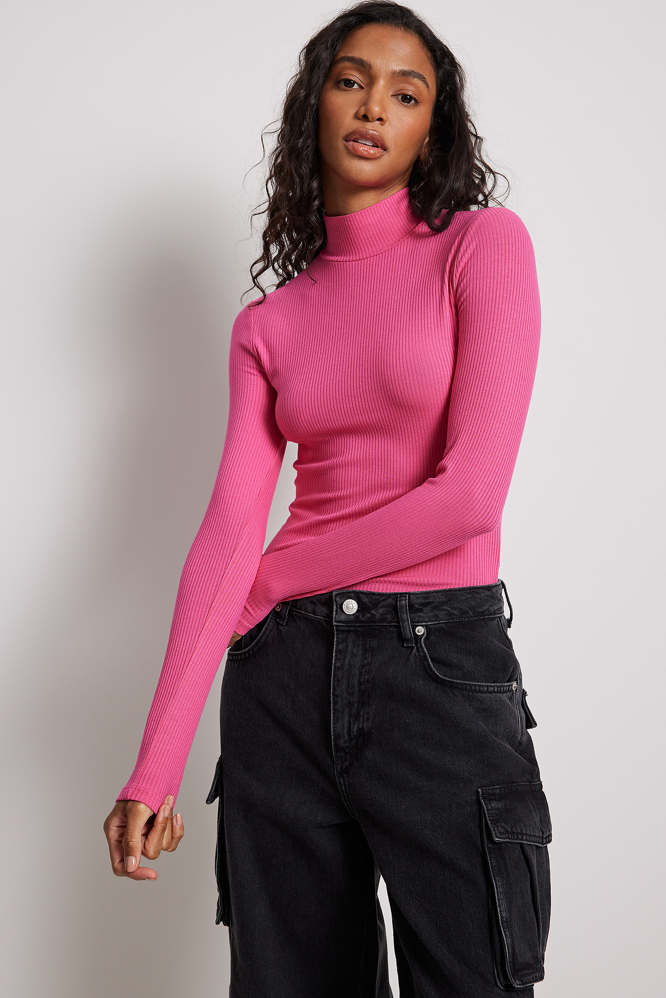 Ribbed Long Sleeved Turtle Neck Top Pink NA KD