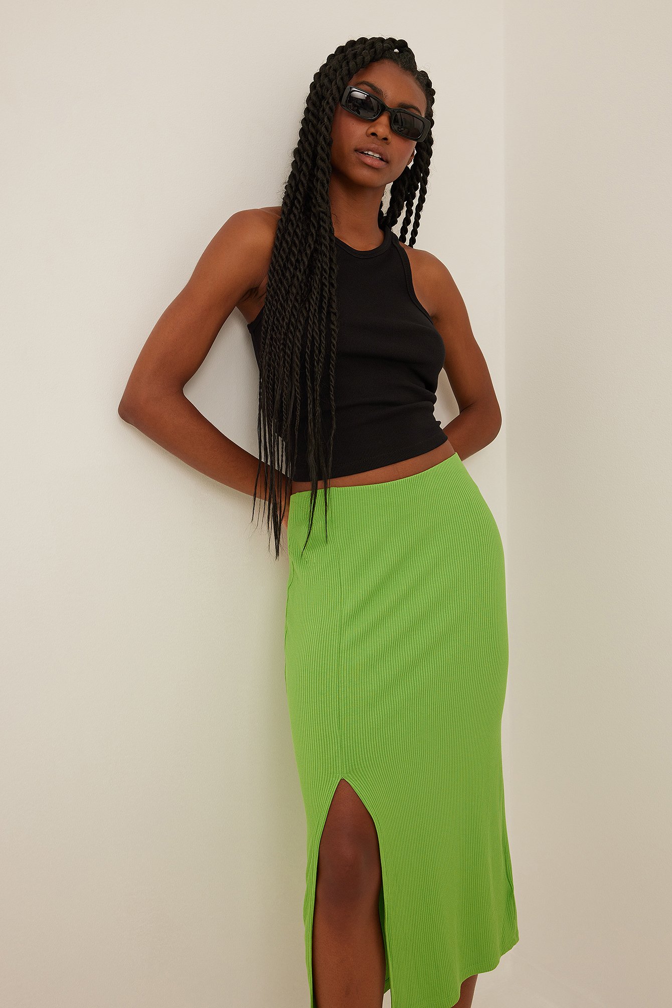 Ribbed Slit Midi Skirt Black | NA-KD