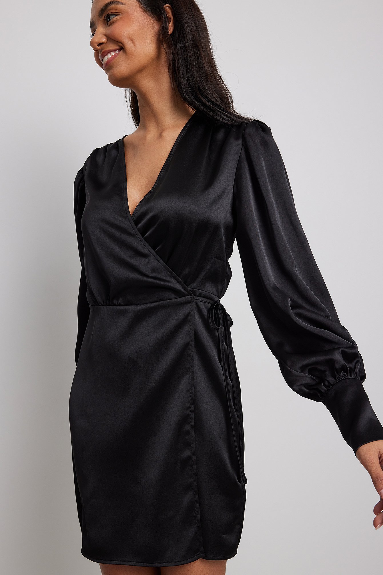 Black satin wrap mini hot sale dress