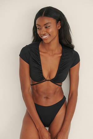 Black Shiny Drawstring Bikini Tee Top
