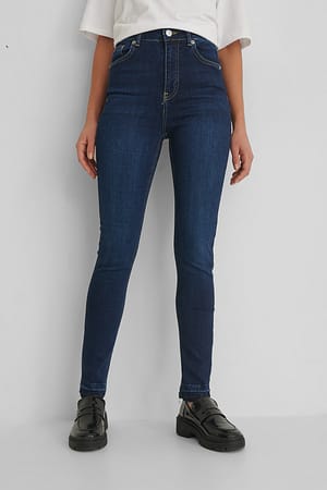 Skinny High Waist Open Hem Jeans Blue | NA-KD