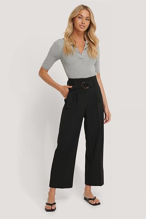 Belted Straight Leg Trousers - Black