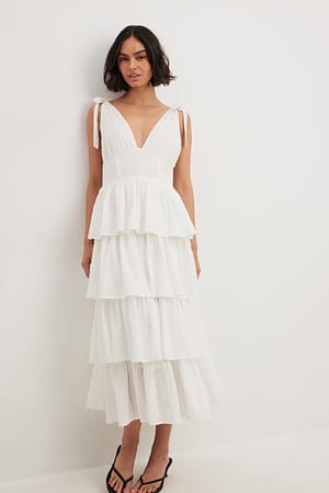 White Tie Shoulder Cotton Midi Dress