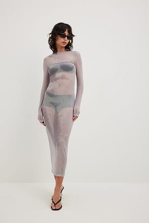 Grey Print Midiklänning i mesh