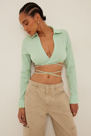 Light Dusty Green Wrapped Front Soft Cotton Blouse