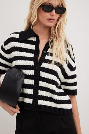 Black/White Short Knitted Striped Cardigan