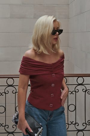 Wine Red Off Shoulder Button Detail Top