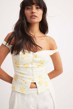 Yellow Flower Print Off Shoulder Linen Blend Corset Top