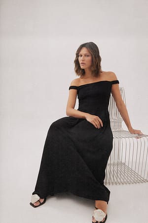 Black Off Shoulder Linen Blend Maxi Dress