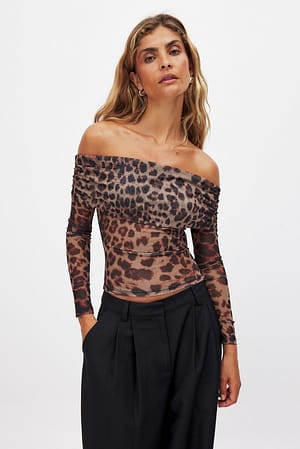 Leopard Schulterfreies Mesh-Oberteil