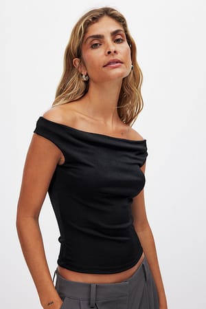 Black Off Shoulder Waterfall Top