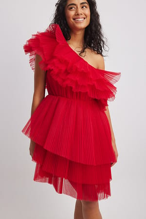 Red One Shoulder Asymmetric Tulle Dress