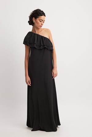 Black Vestido maxi de un solo hombro con volantes