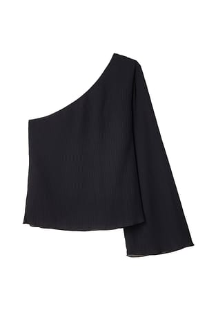 Black Plisse blouse met lange mouwen en one-shoulder